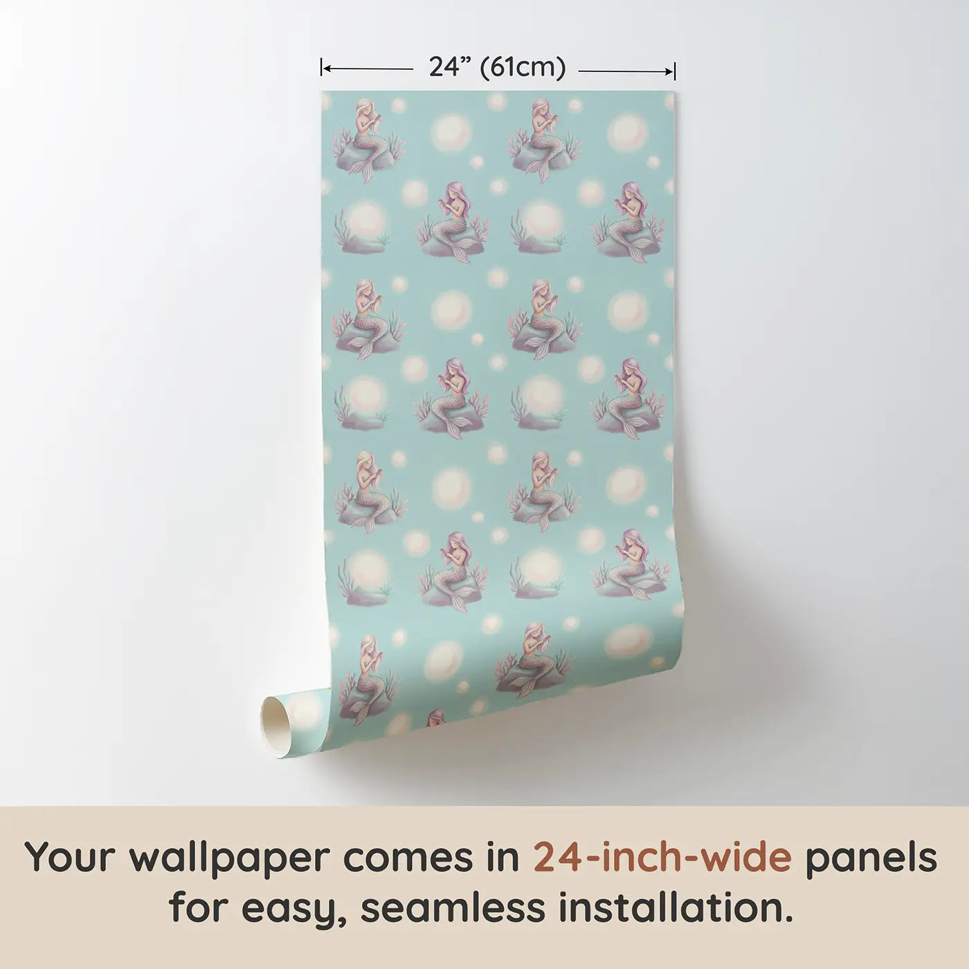 Sitting Mermaids Combing Soft Pastel wallpaper panel dimensions - Whimsy Tots