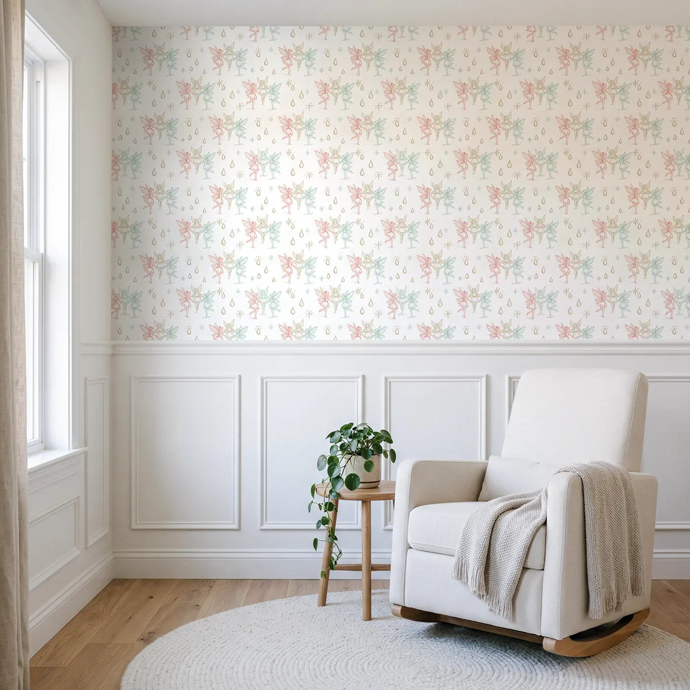 Fairies Dancing Hand-Drawn wallpaper above wainscoting - Whimsy Tots