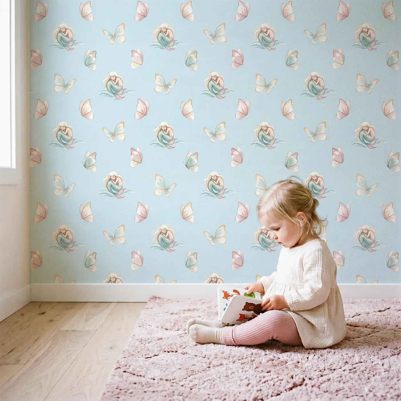 Sleeping Mermaids Curled Watercolor wallpaper in styled kids room - Whimsy Tots