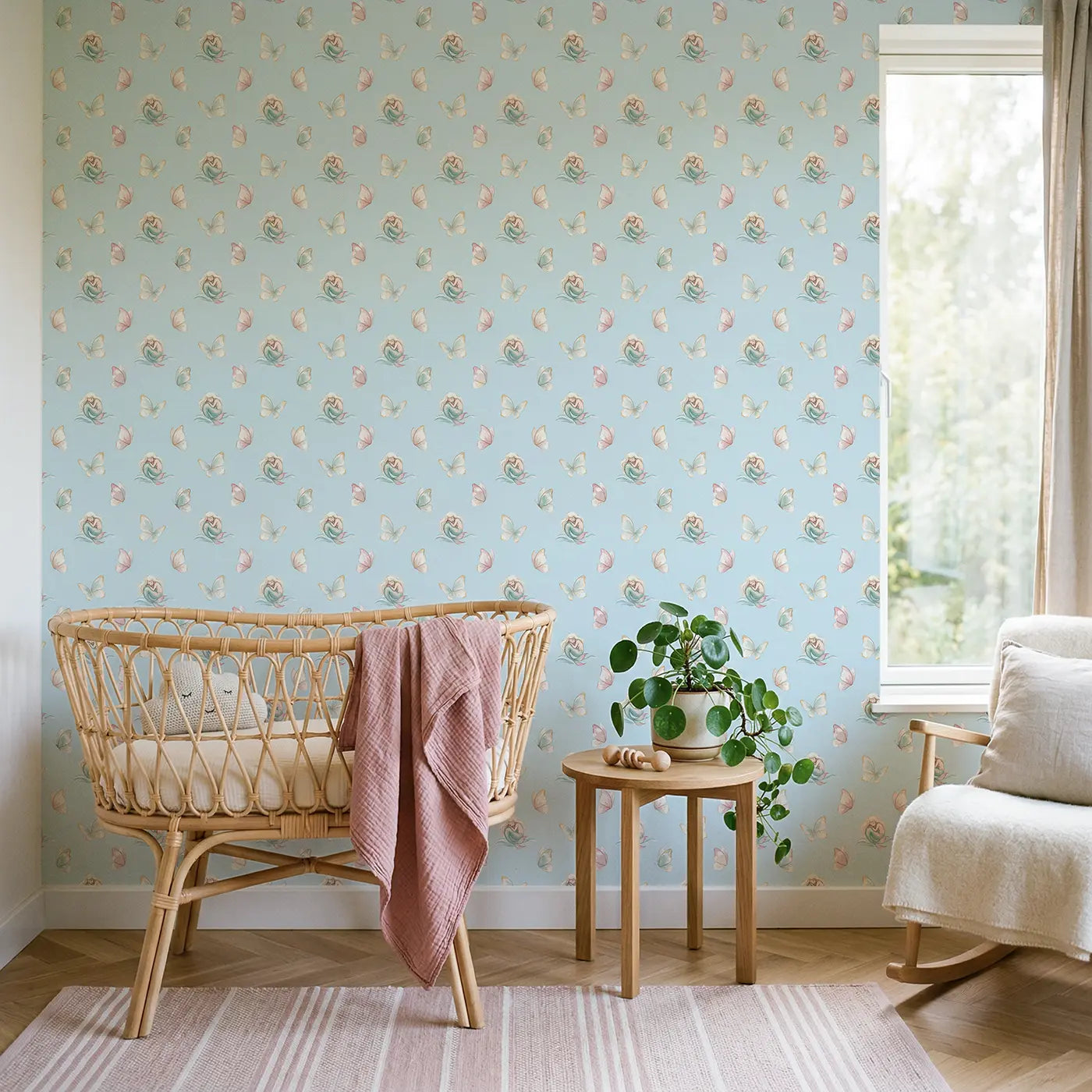 Sleeping Mermaids Curled Watercolor wallpaper in Scandinavian nursery - Whimsy Tots