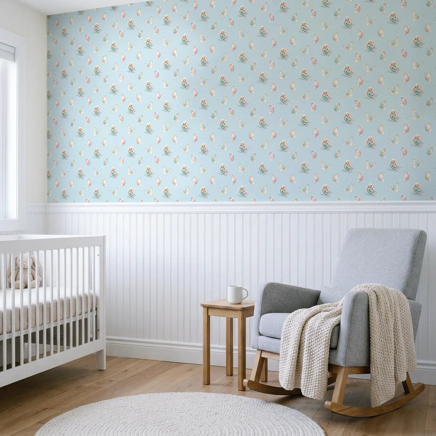 Sleeping Mermaids Curled Watercolor wallpaper above wainscoting - Whimsy Tots