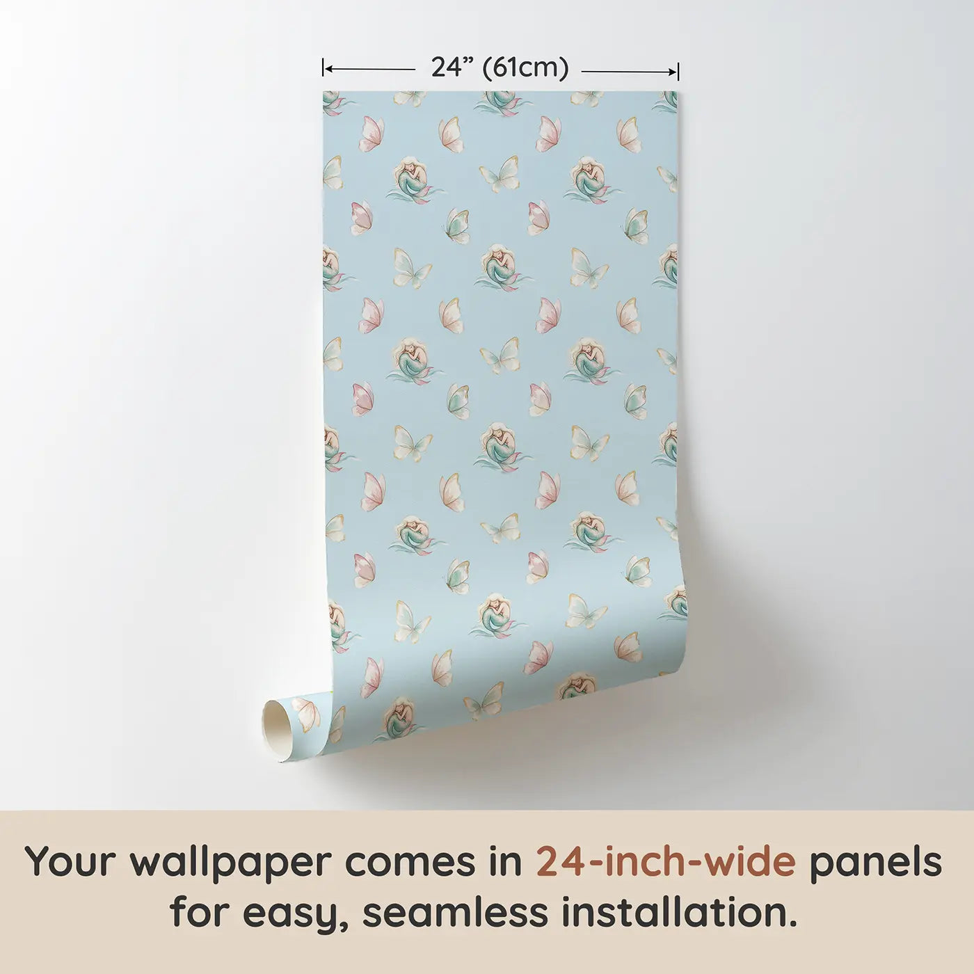 Sleeping Mermaids Curled Watercolor wallpaper panel dimensions - Whimsy Tots
