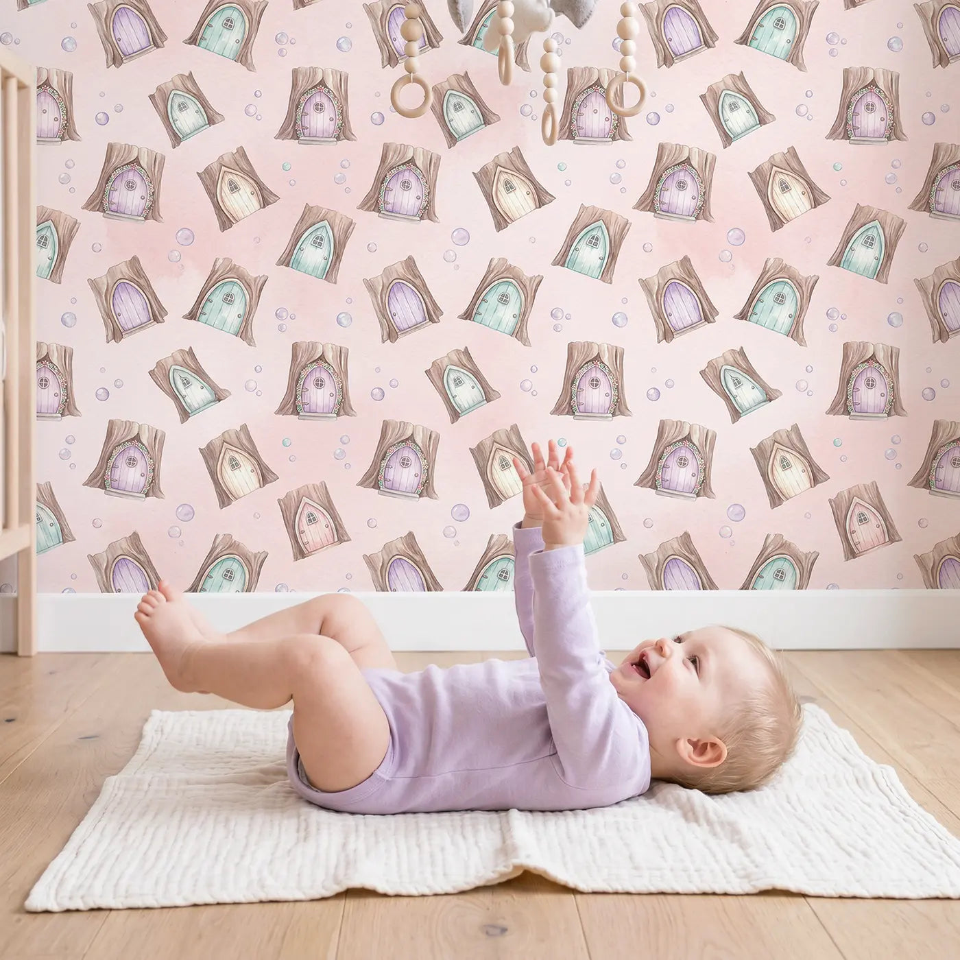 Fairy Doors Tree Watercolor wallpaper in styled kids room - Whimsy Tots