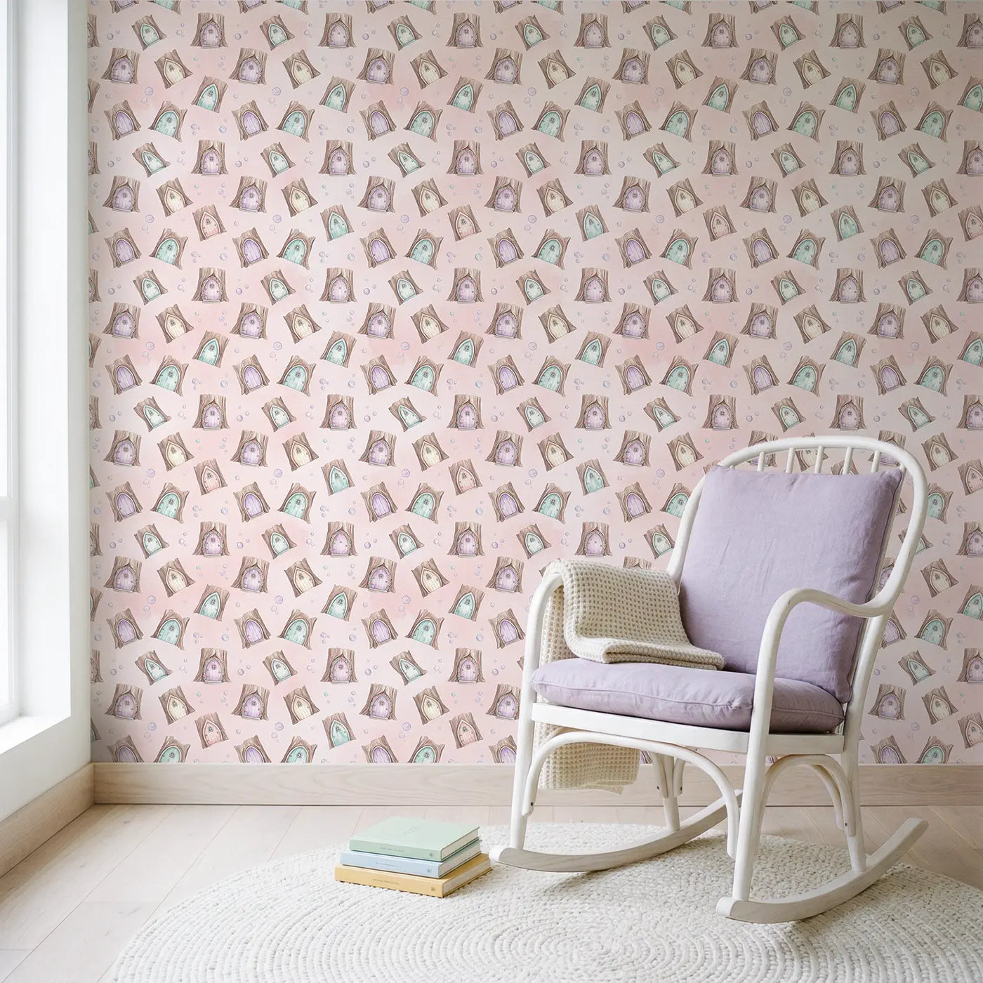Fairy Doors Tree Watercolor wallpaper in Scandinavian nursery - Whimsy Tots