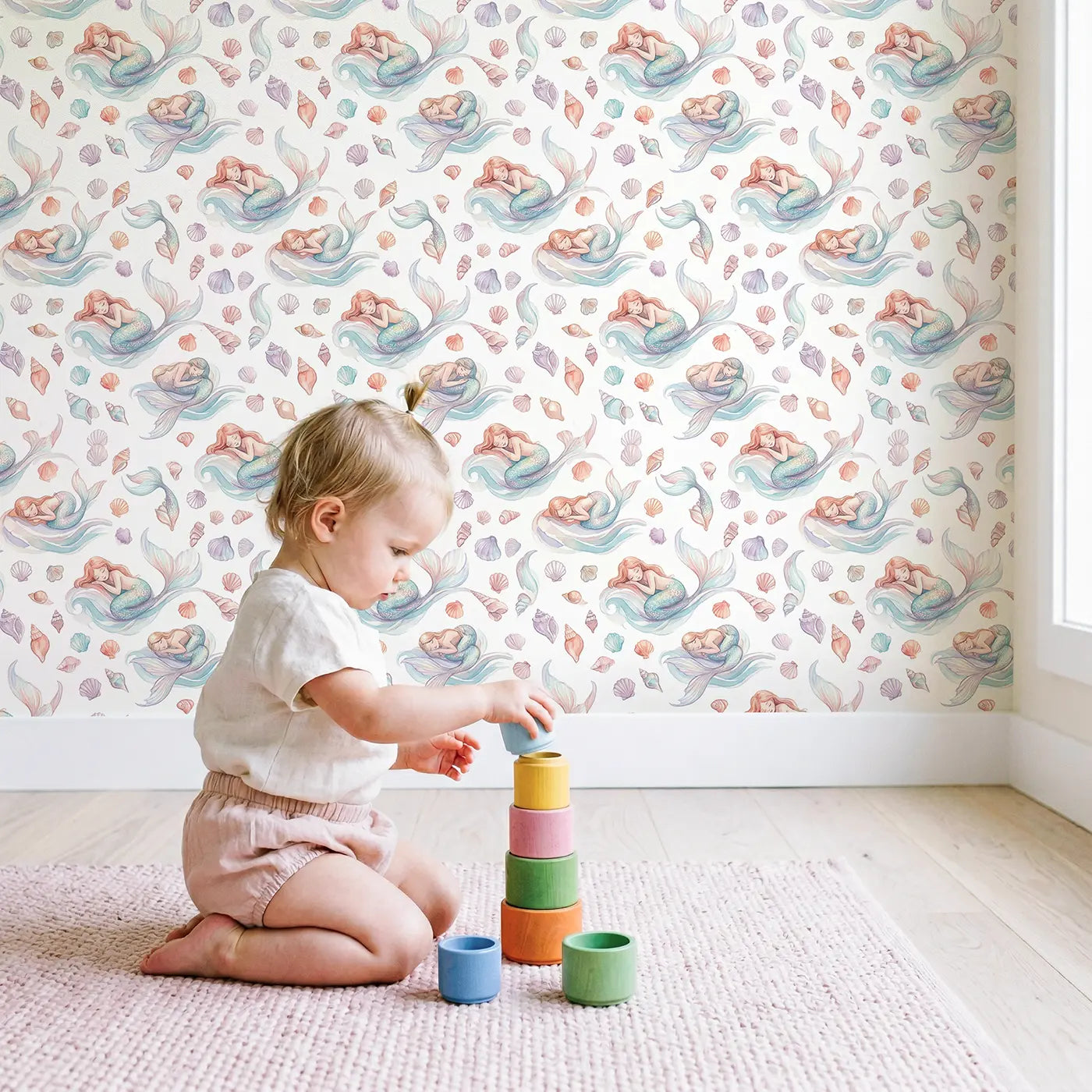 Sleeping Mermaids Curled Watercolor II wallpaper in styled kids room - Whimsy Tots