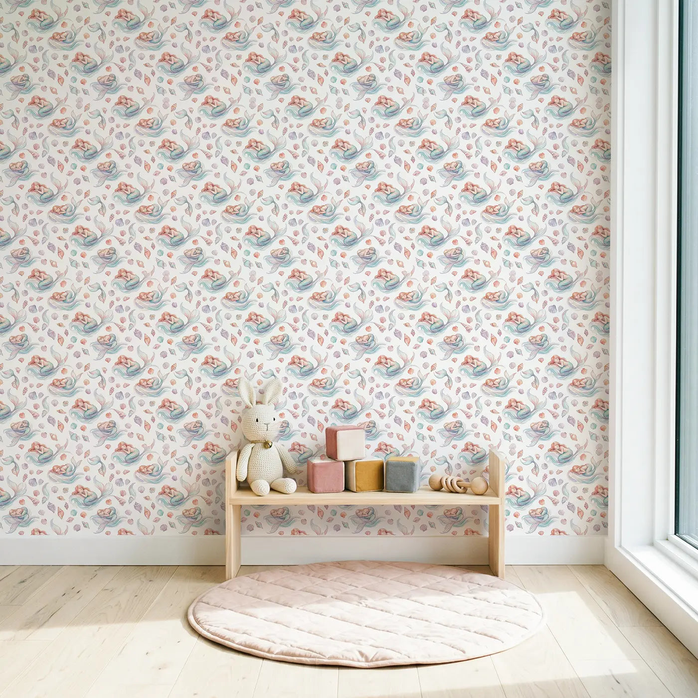 Sleeping Mermaids Curled Watercolor II wallpaper in Scandinavian nursery - Whimsy Tots