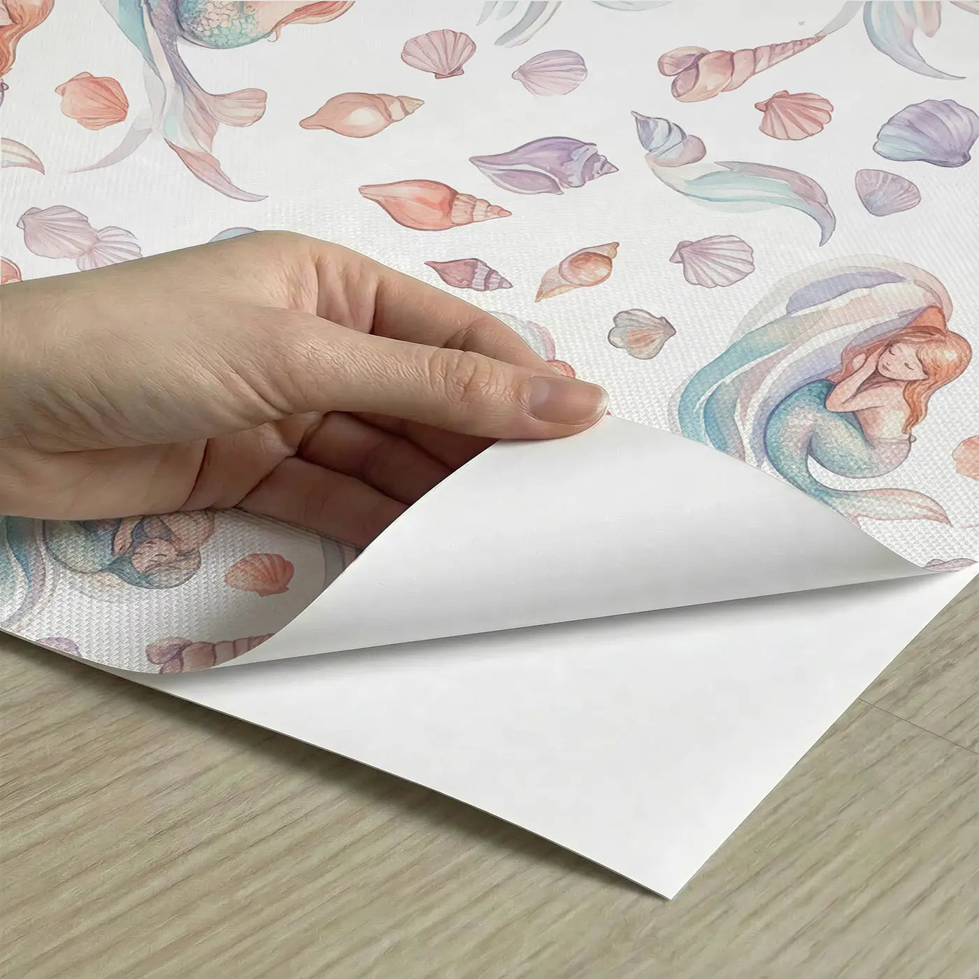 Sleeping Mermaids Curled Watercolor II peel and stick material close-up - Whimsy Tots
