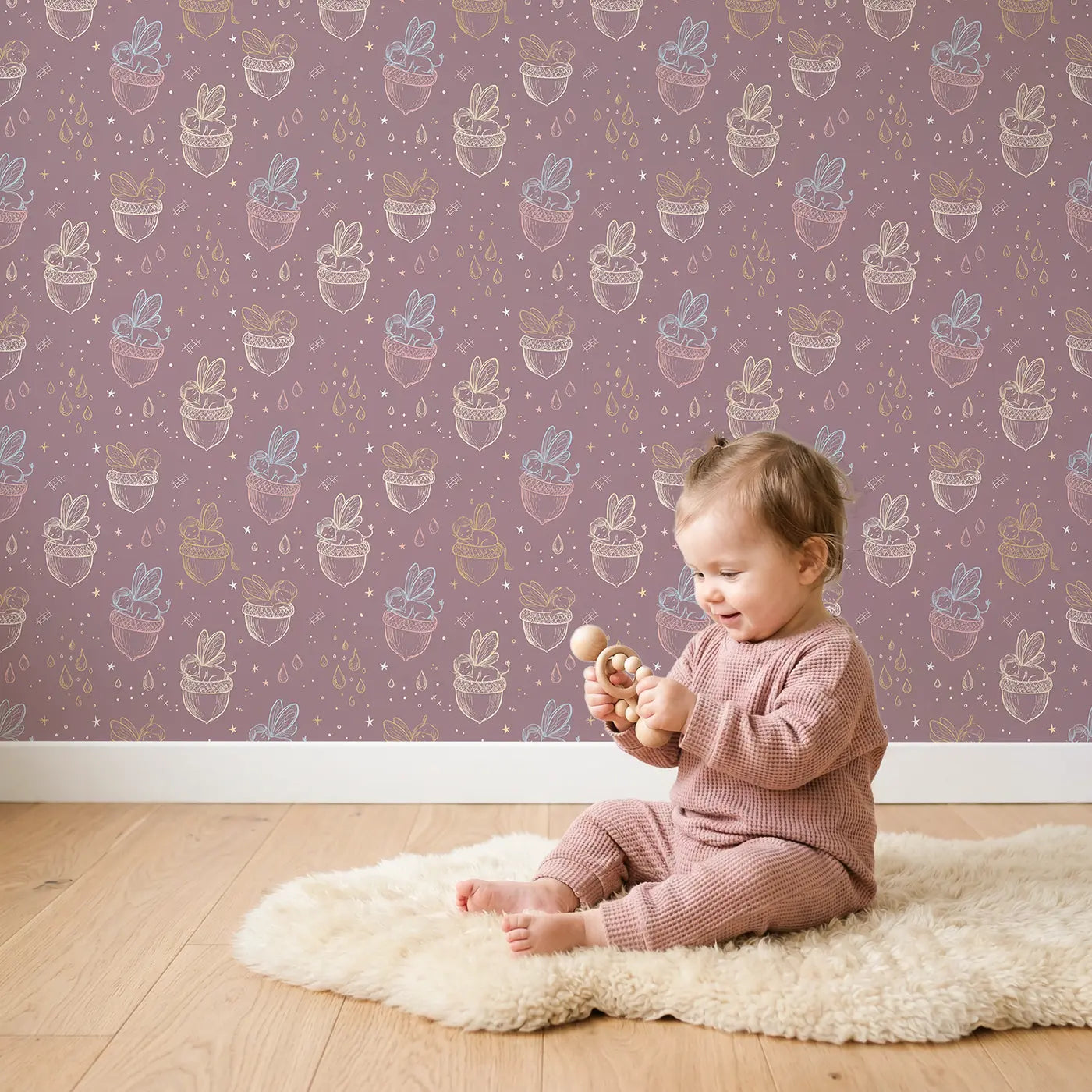Sleeping Fairies Acorn Hand-Drawn wallpaper in styled kids room - Whimsy Tots