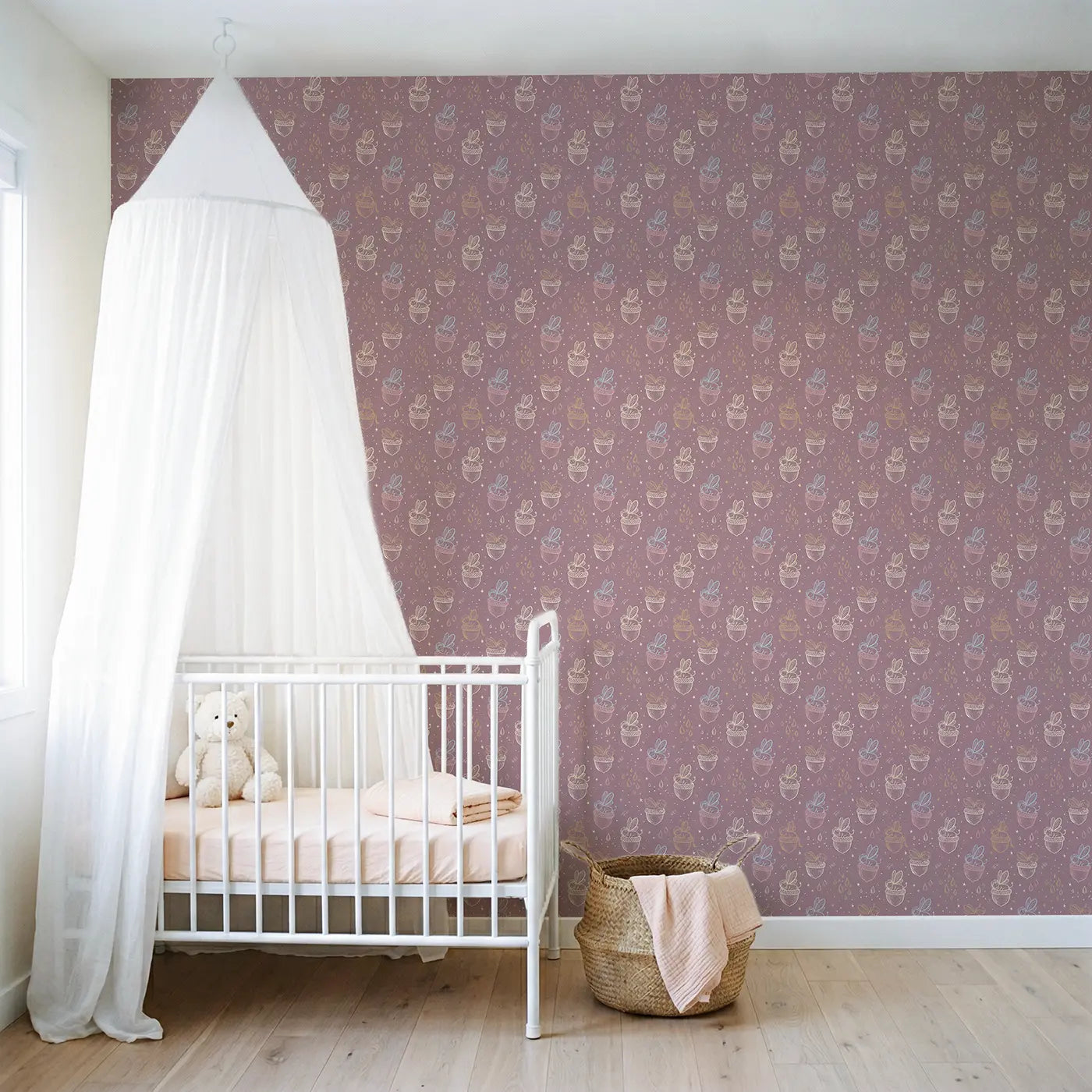 Sleeping Fairies Acorn Hand-Drawn wallpaper in Scandinavian nursery - Whimsy Tots