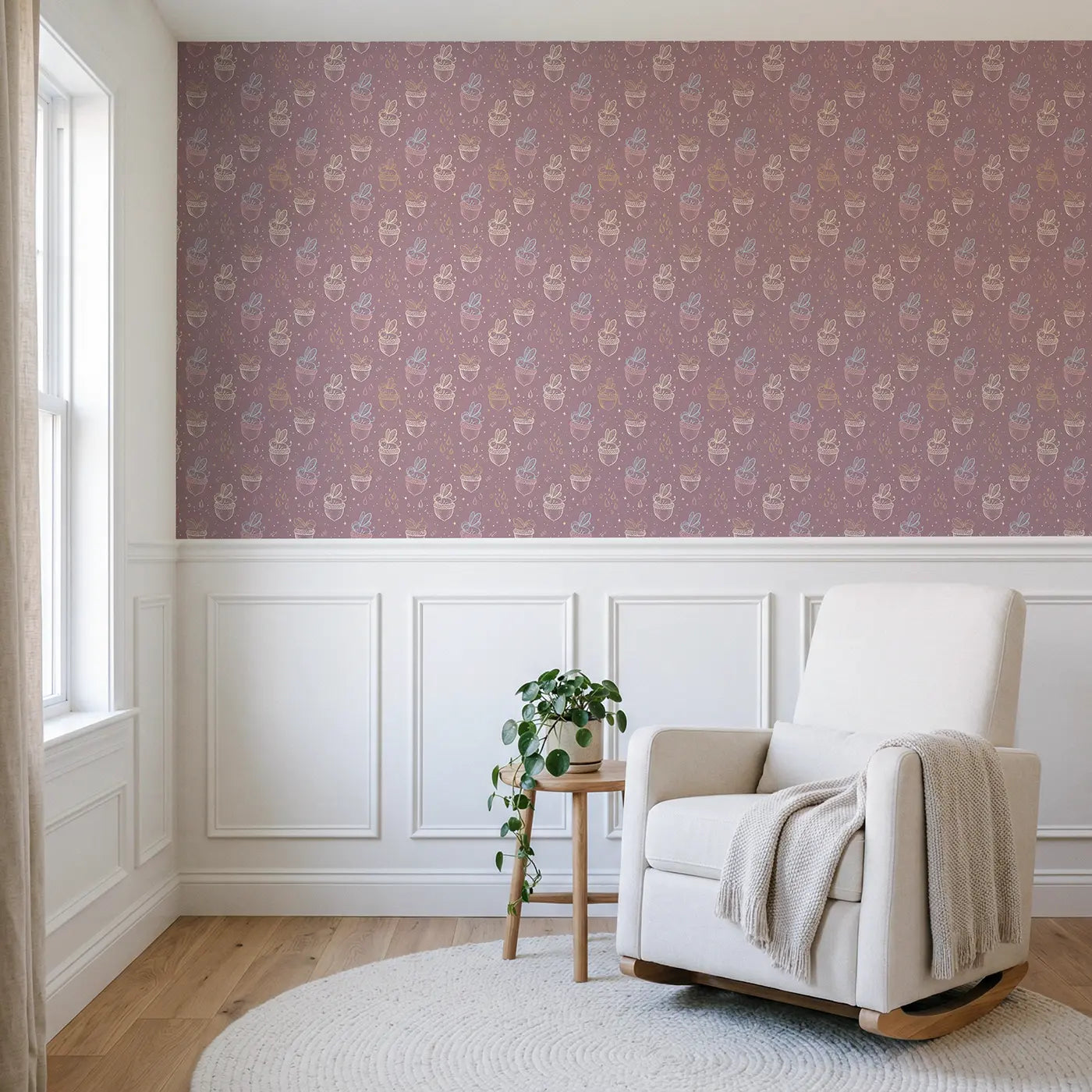 Sleeping Fairies Acorn Hand-Drawn wallpaper above wainscoting - Whimsy Tots