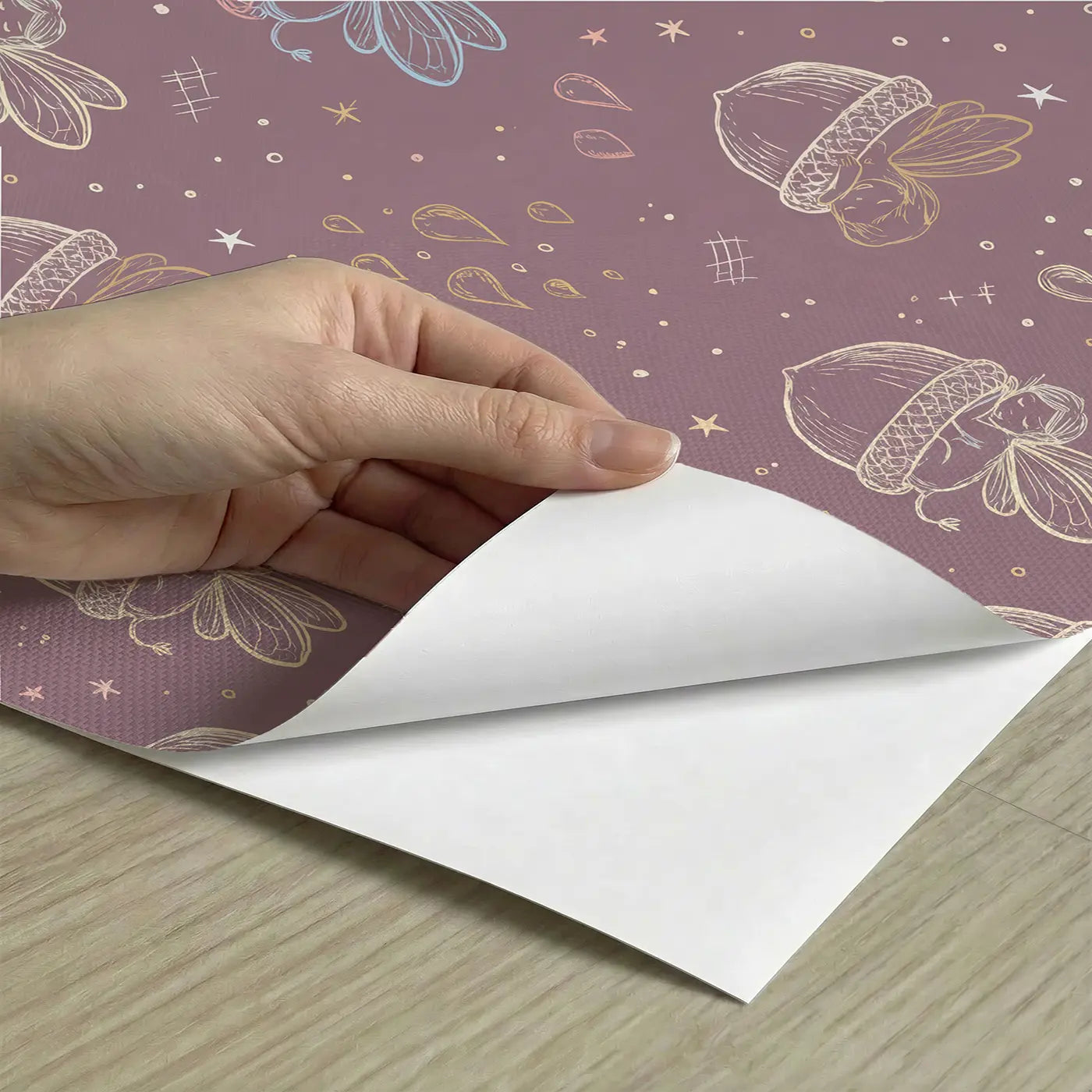 Sleeping Fairies Acorn Hand-Drawn peel and stick material close-up - Whimsy Tots