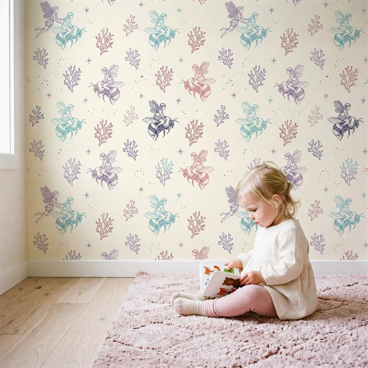 Fairies Riding Bumblebees Hand-Drawn wallpaper in styled kids room - Whimsy Tots