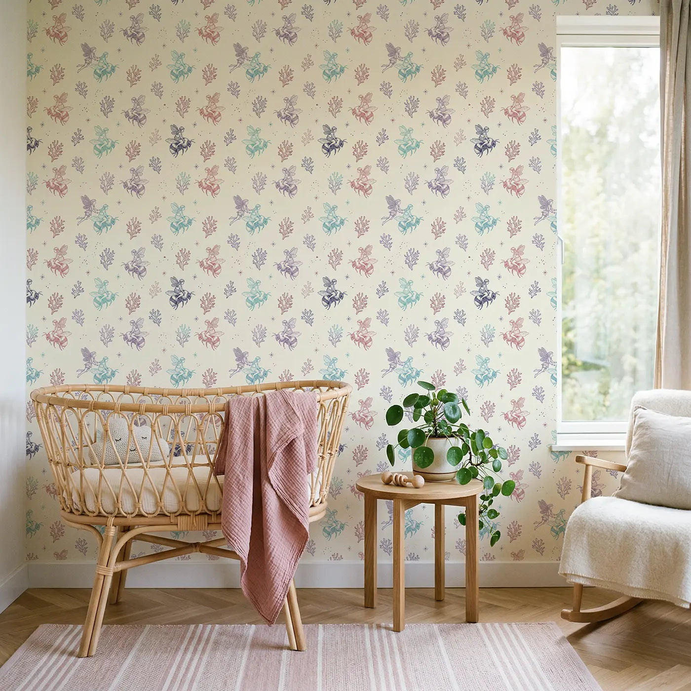 Fairies Riding Bumblebees Hand-Drawn wallpaper in Scandinavian nursery - Whimsy Tots