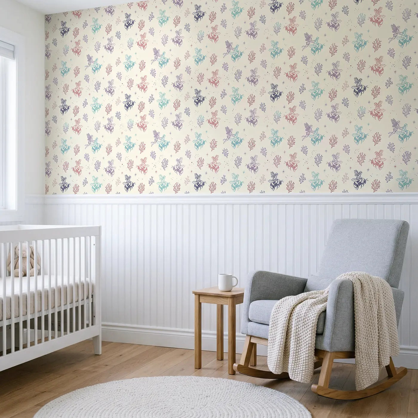 Fairies Riding Bumblebees Hand-Drawn wallpaper above wainscoting - Whimsy Tots