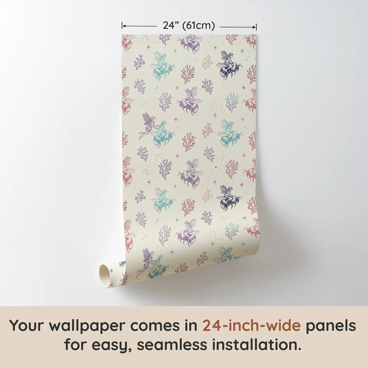 Fairies Riding Bumblebees Hand-Drawn wallpaper panel dimensions - Whimsy Tots