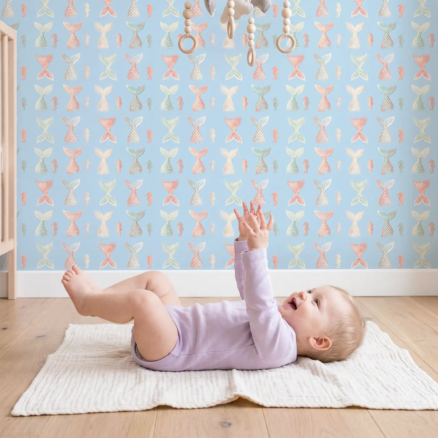 Mermaid Tails Soft Pastel wallpaper in styled kids room - Whimsy Tots