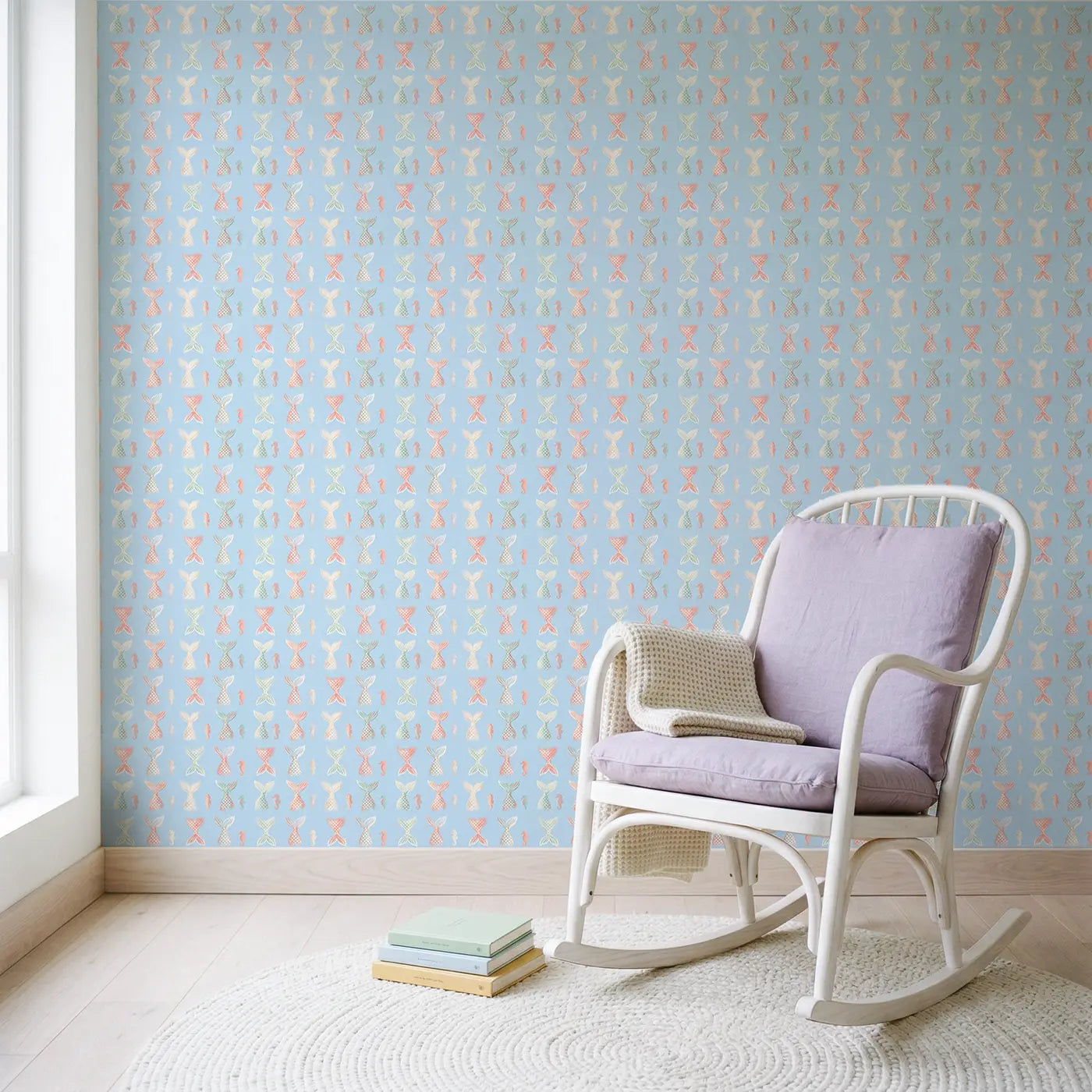 Mermaid Tails Soft Pastel wallpaper in Scandinavian nursery - Whimsy Tots