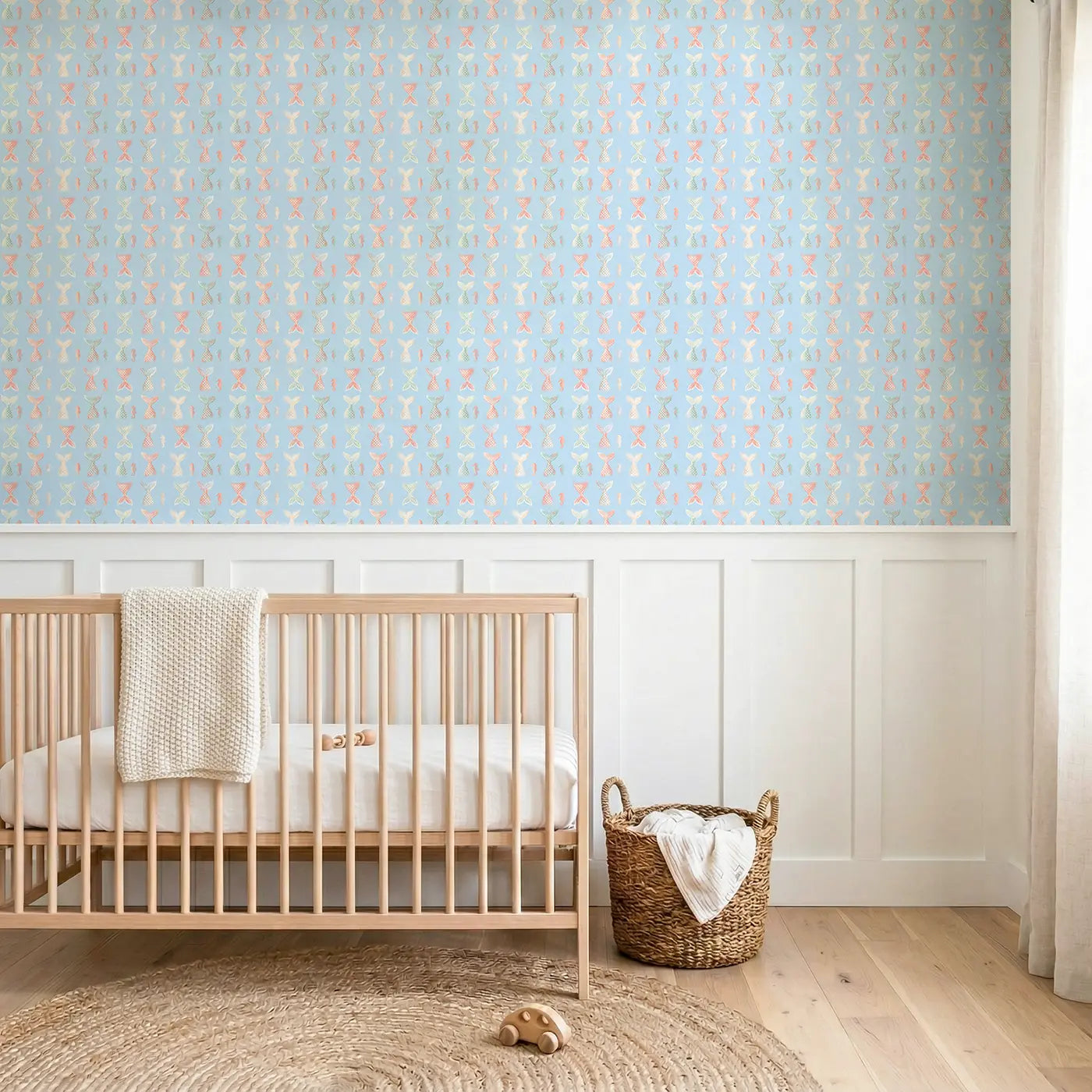 Mermaid Tails Soft Pastel wallpaper above wainscoting - Whimsy Tots