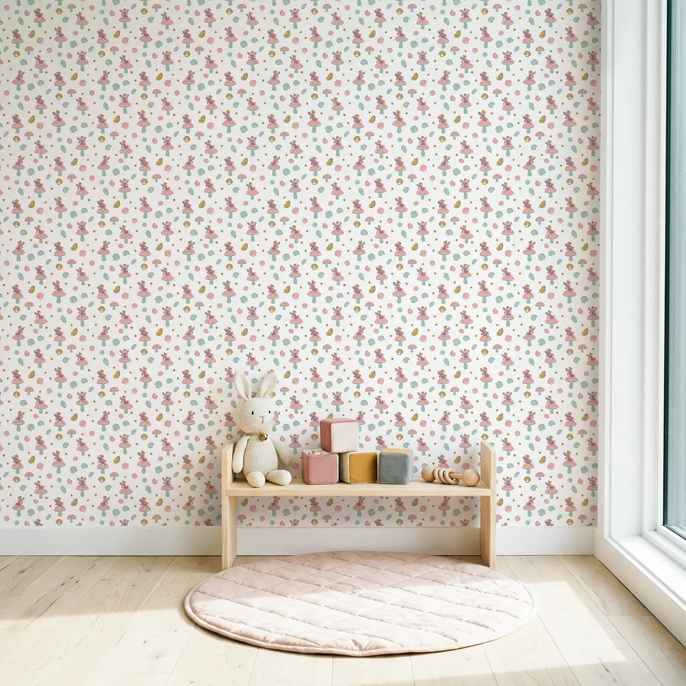 Fairies Sitting Ditsy Floral wallpaper in Scandinavian nursery - Whimsy Tots