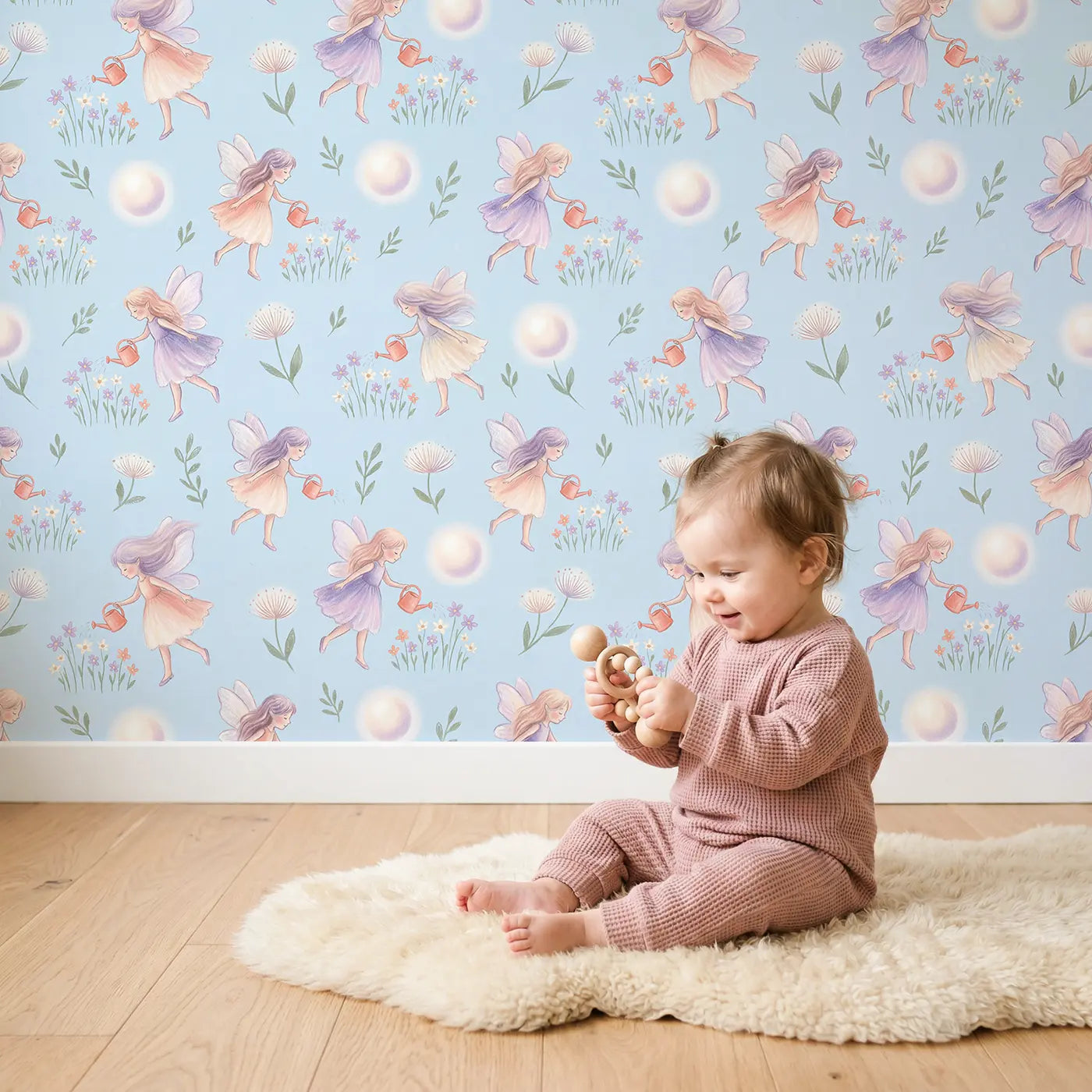 Garden Fairies Watering Soft Pastel wallpaper in styled kids room - Whimsy Tots