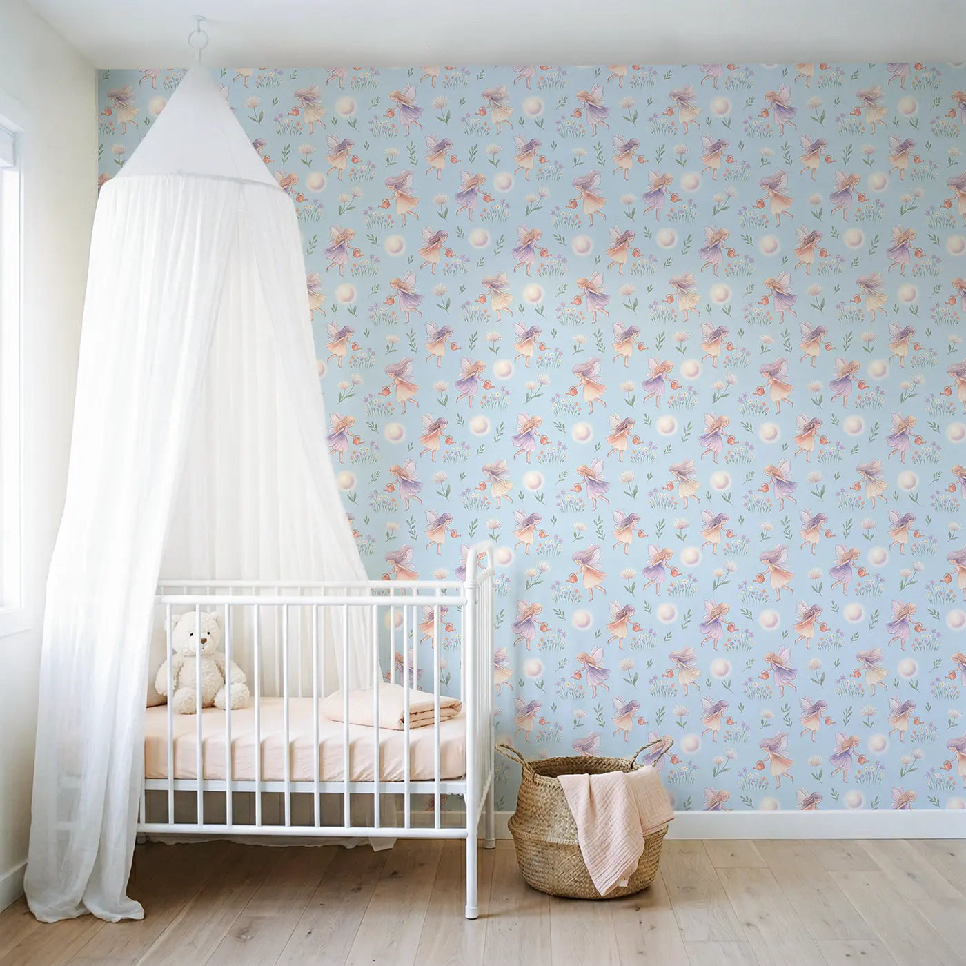Garden Fairies Watering Soft Pastel wallpaper in Scandinavian nursery - Whimsy Tots