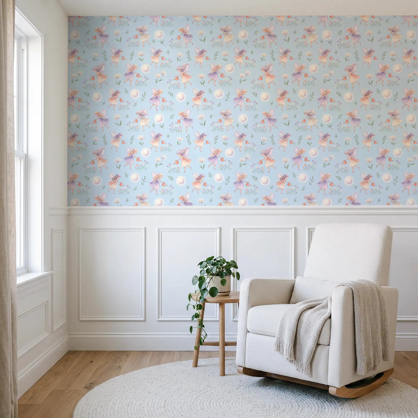 Garden Fairies Watering Soft Pastel wallpaper above wainscoting - Whimsy Tots