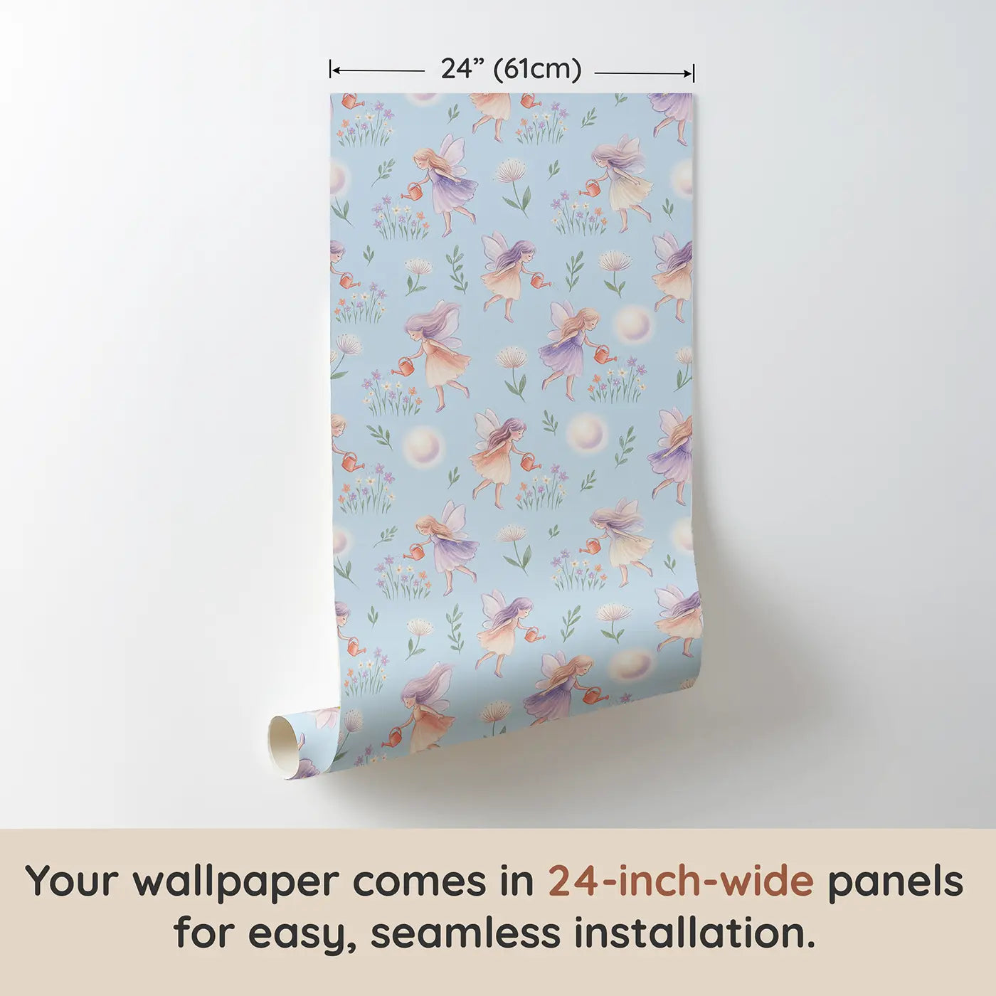 Garden Fairies Watering Soft Pastel wallpaper panel dimensions - Whimsy Tots