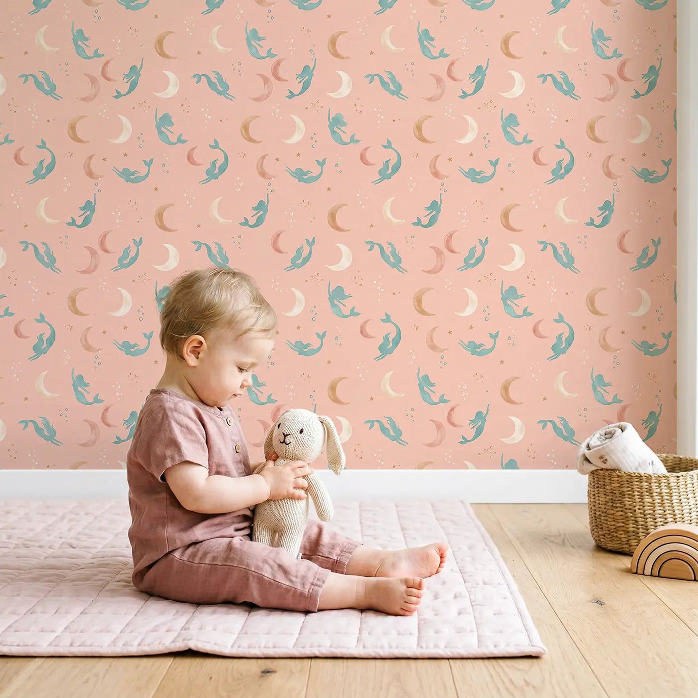 Mermaid Silhouettes Ditsy Floral wallpaper in styled kids room - Whimsy Tots