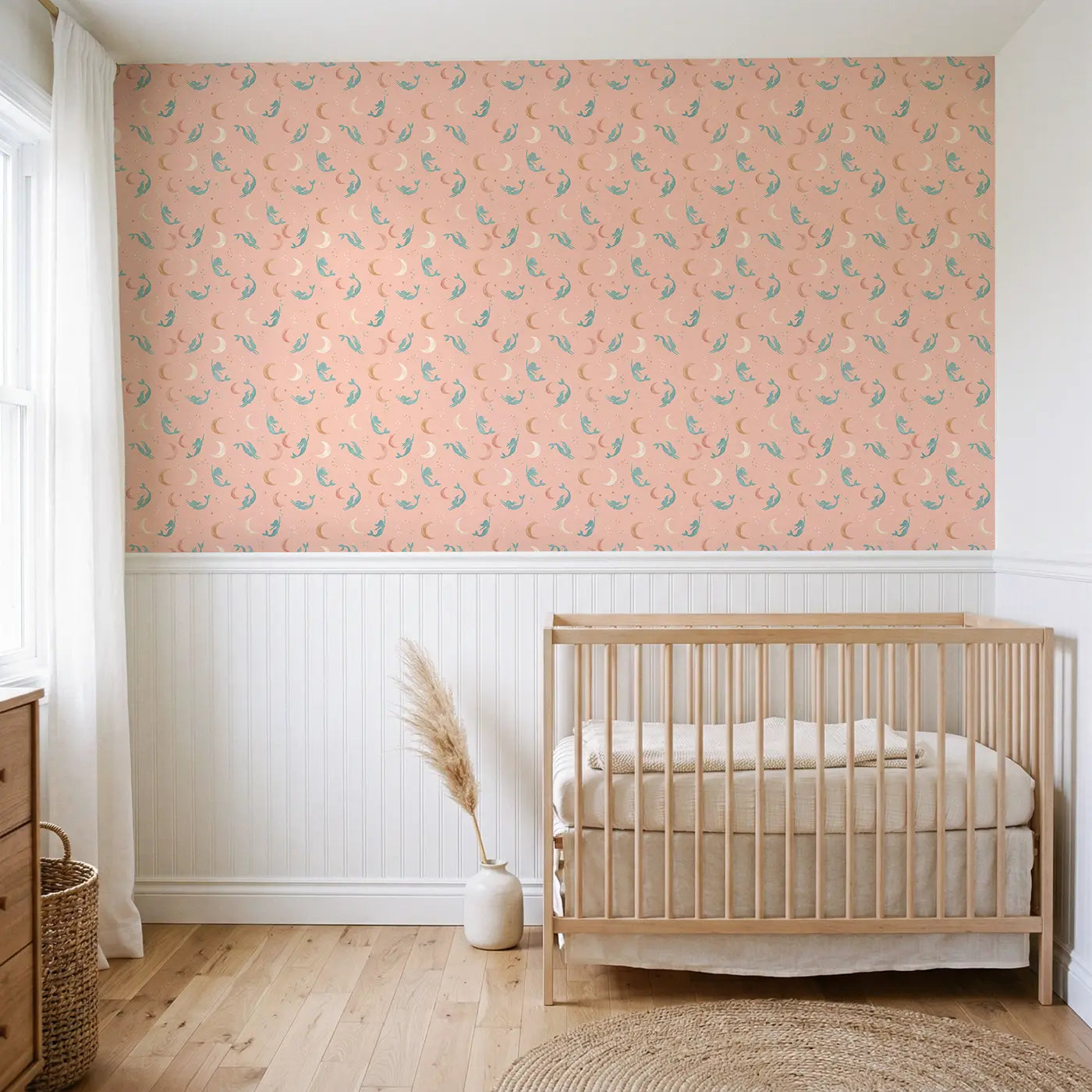 Mermaid Silhouettes Ditsy Floral wallpaper above wainscoting - Whimsy Tots