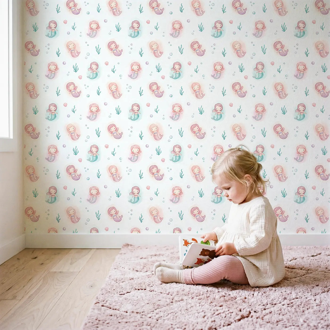 Baby Mermaids Watercolor wallpaper in styled kids room - Whimsy Tots