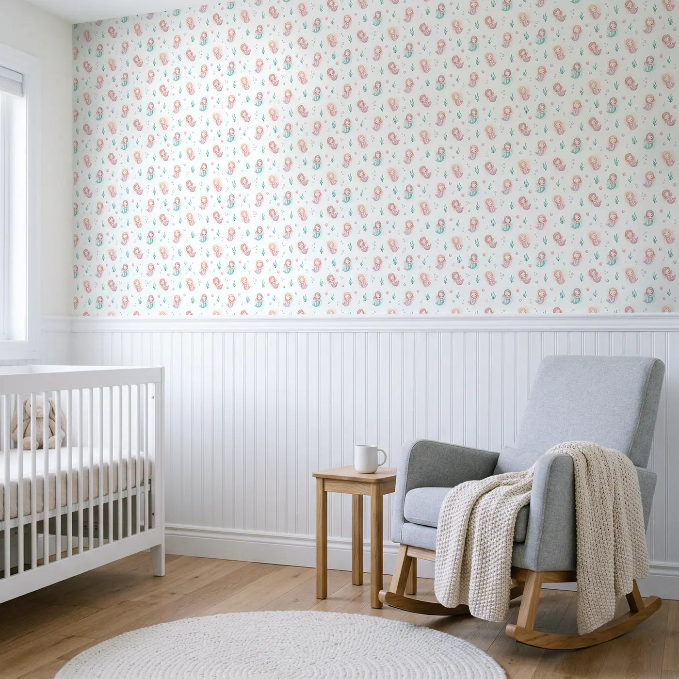 Baby Mermaids Watercolor wallpaper above wainscoting - Whimsy Tots