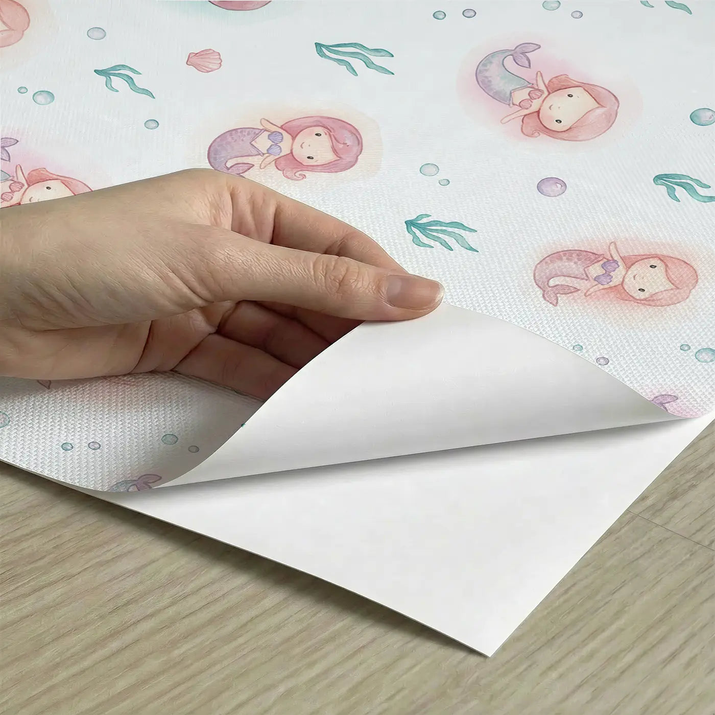 Baby Mermaids Watercolor peel and stick material close-up - Whimsy Tots