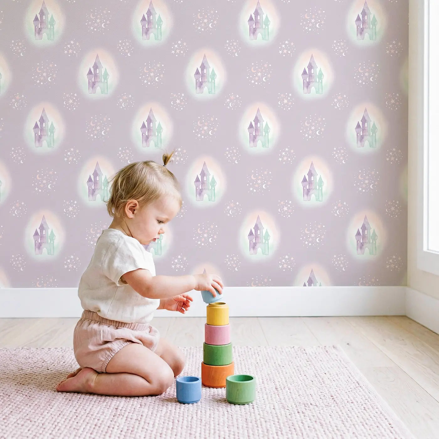 Fairy Tale Castle Watercolor wallpaper in styled kids room - Whimsy Tots
