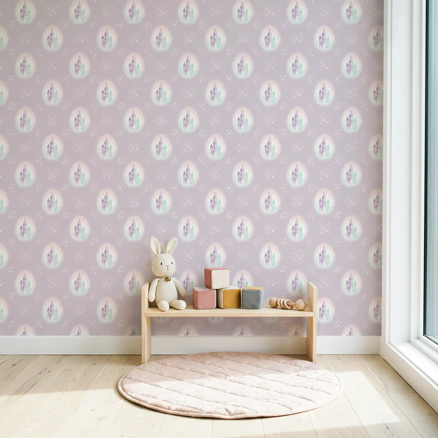 Fairy Tale Castle Watercolor wallpaper in Scandinavian nursery - Whimsy Tots