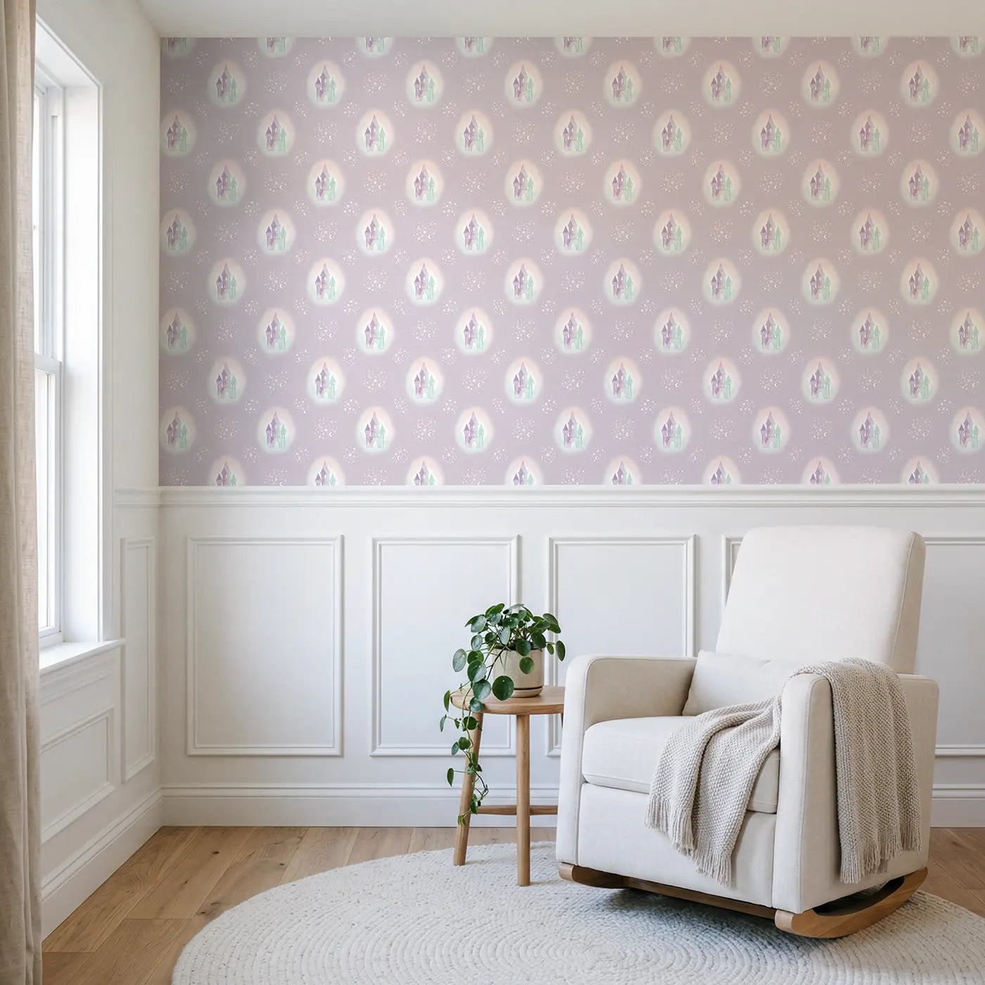 Fairy Tale Castle Watercolor wallpaper above wainscoting - Whimsy Tots