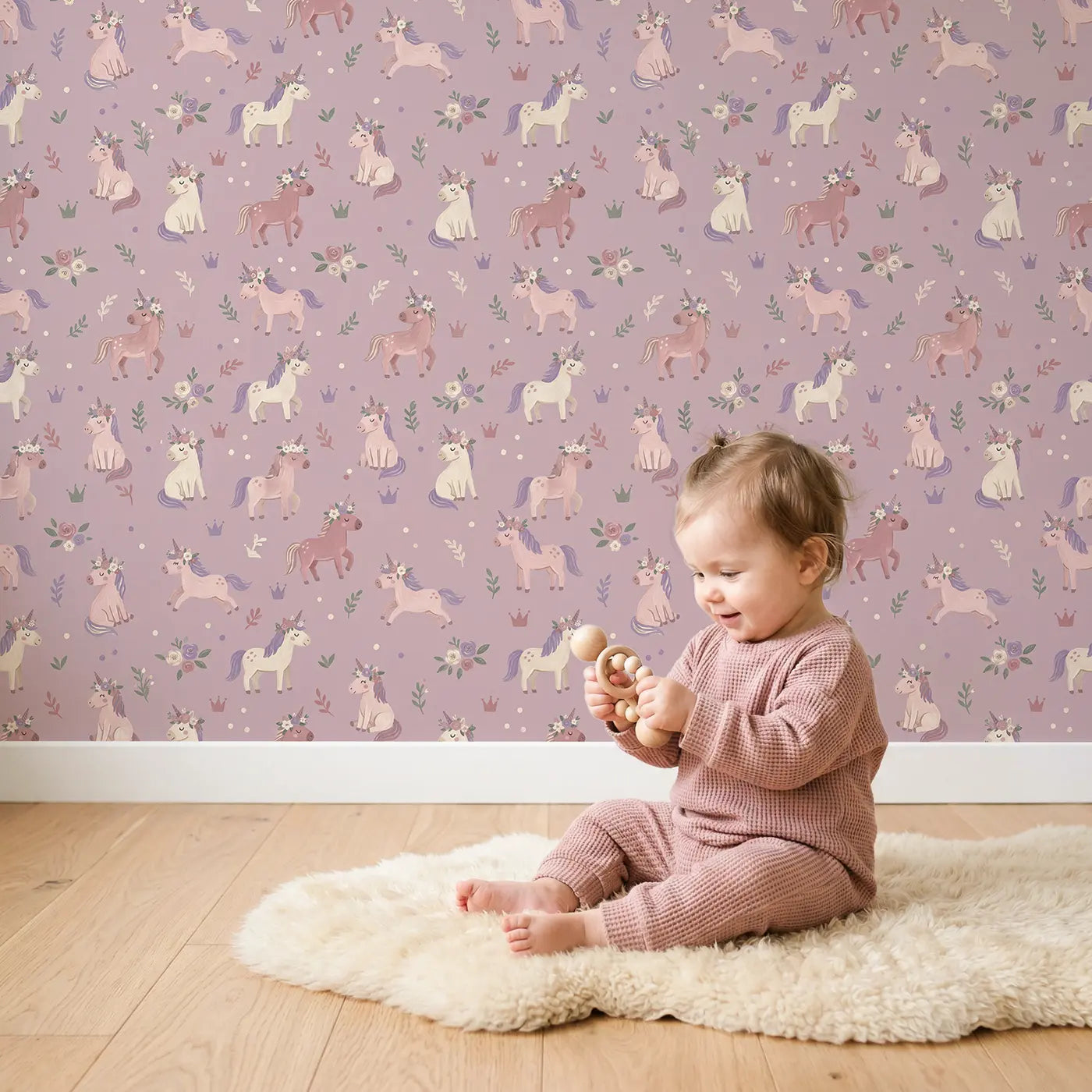 Unicorn Flower Crown Modern Illustration wallpaper in styled kids room - Whimsy Tots