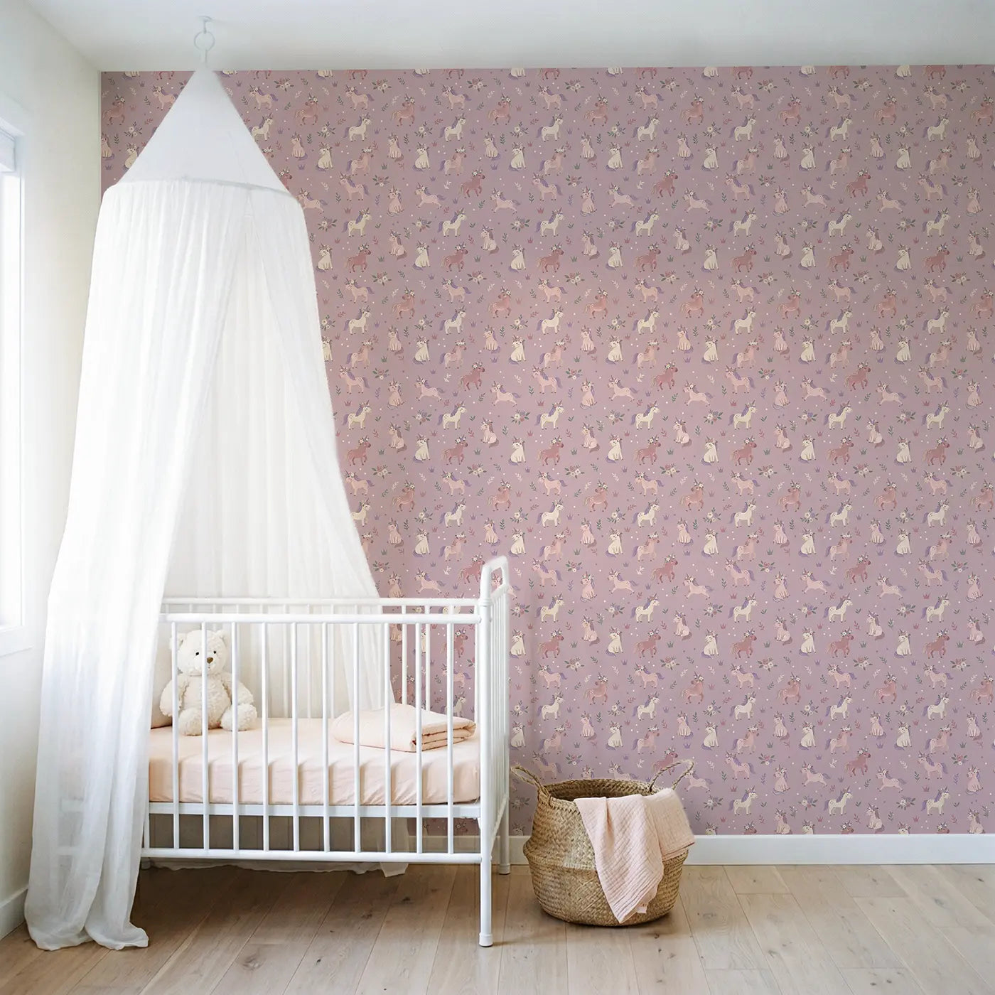 Unicorn Flower Crown Modern Illustration wallpaper in Scandinavian nursery - Whimsy Tots