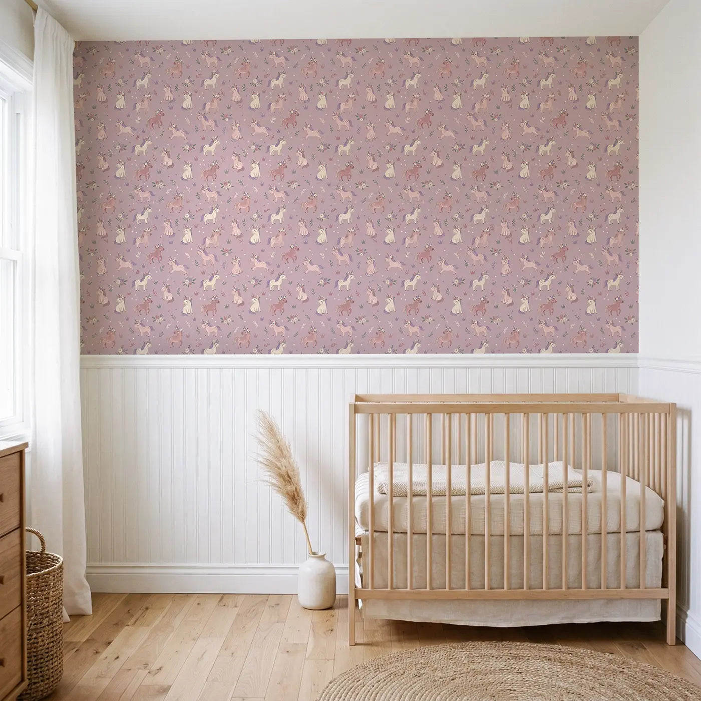 Unicorn Flower Crown Modern Illustration wallpaper above wainscoting - Whimsy Tots