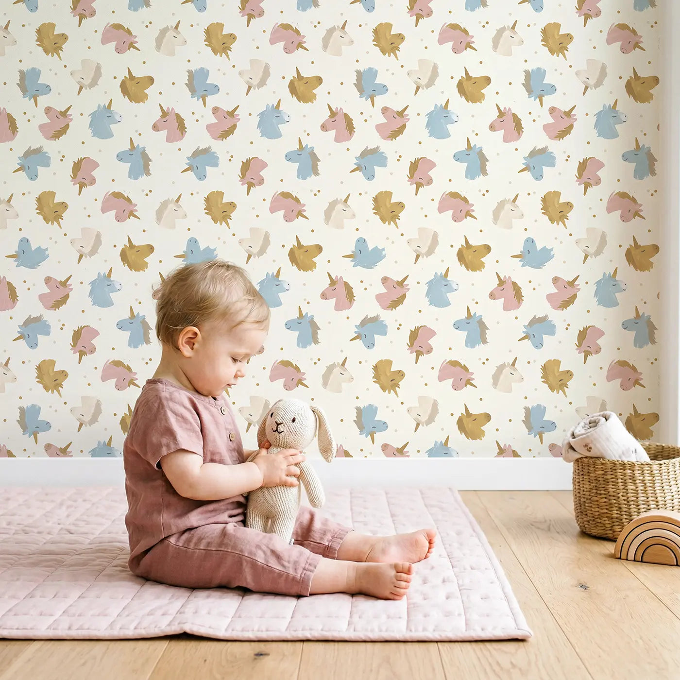Tiny Unicorn Heads Modern Illustration wallpaper in styled kids room - Whimsy Tots