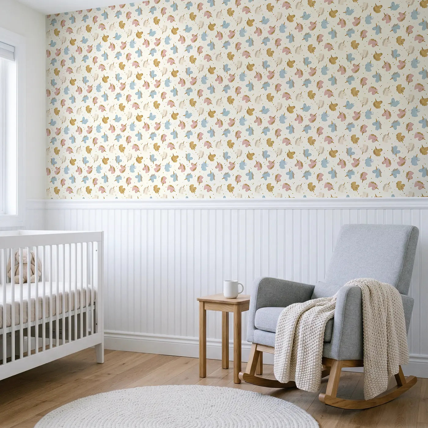 Tiny Unicorn Heads Modern Illustration wallpaper above wainscoting - Whimsy Tots