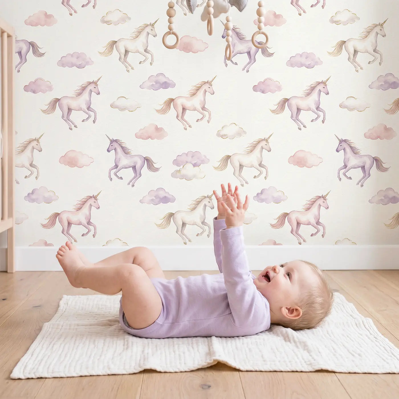 Running Unicorn Watercolor wallpaper in styled kids room - Whimsy Tots