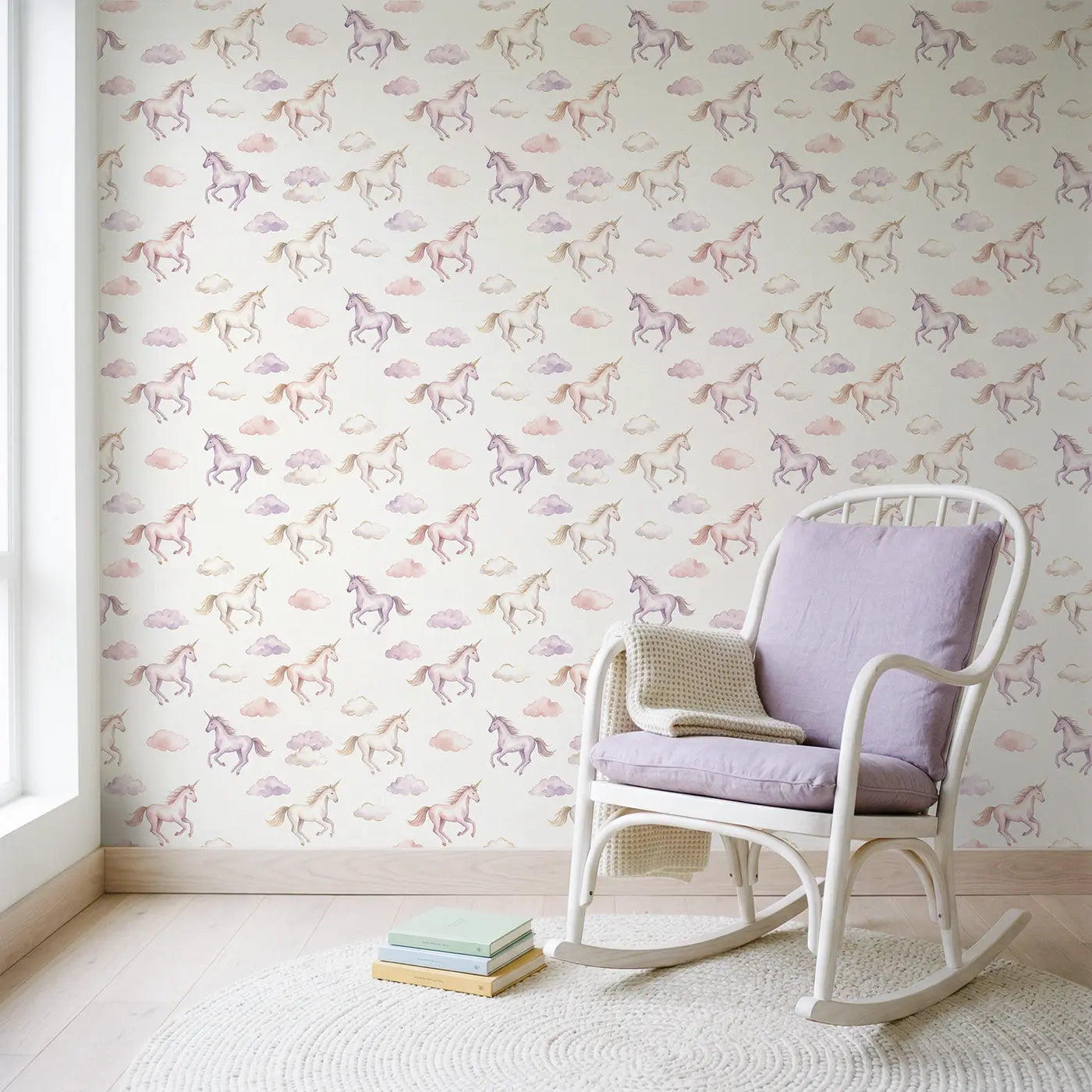 Running Unicorn Watercolor wallpaper in Scandinavian nursery - Whimsy Tots