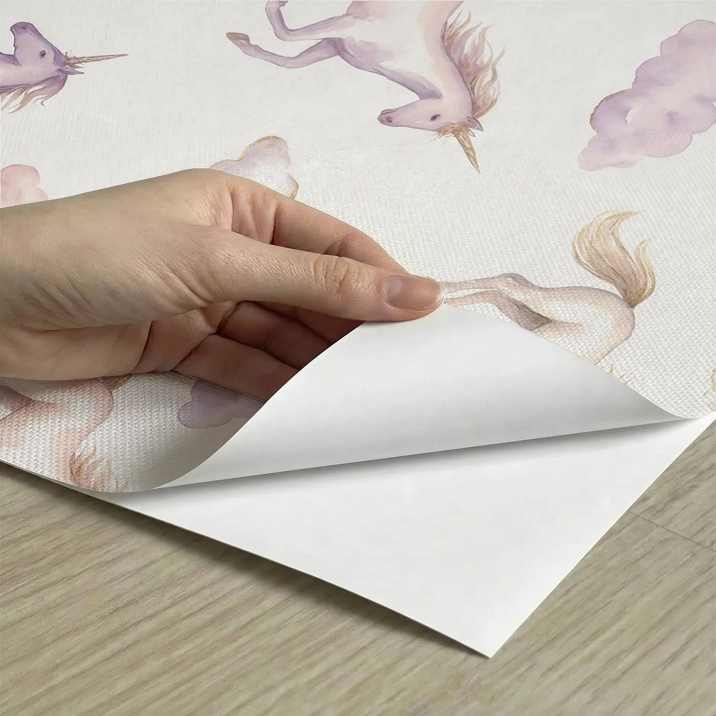 Running Unicorn Watercolor peel and stick material close-up - Whimsy Tots