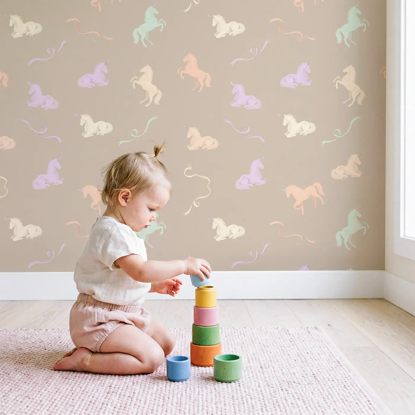 Unicorn Silhouettes Soft Pastel wallpaper in styled kids room - Whimsy Tots