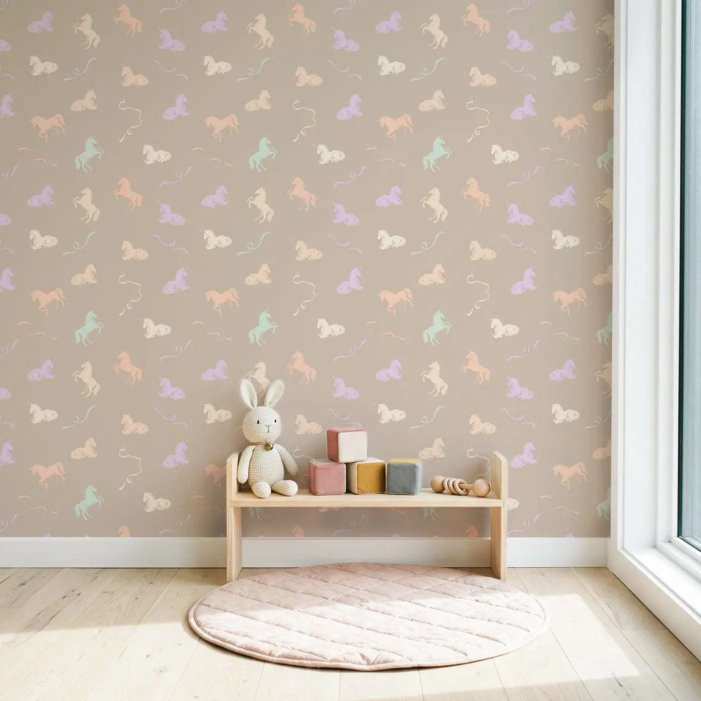 Unicorn Silhouettes Soft Pastel wallpaper in Scandinavian nursery - Whimsy Tots