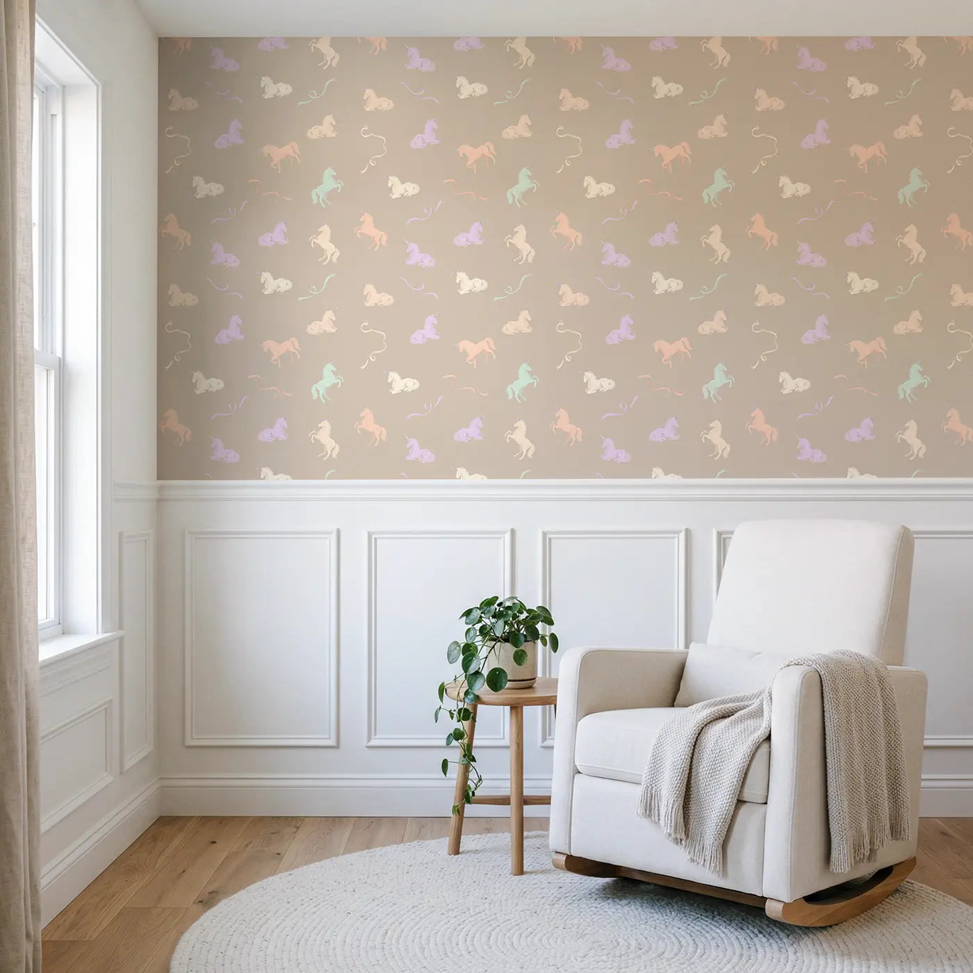Unicorn Silhouettes Soft Pastel wallpaper above wainscoting - Whimsy Tots