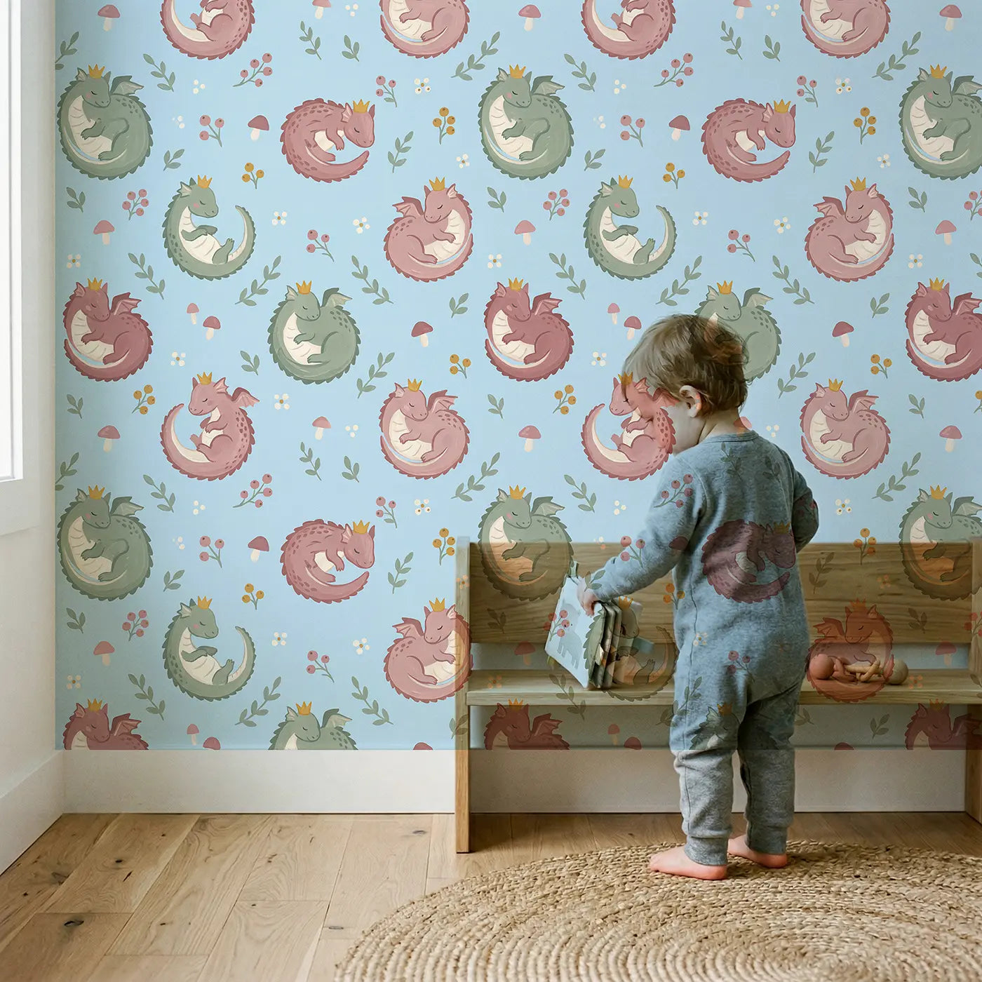 Friendly Baby Dragons Modern Illustration wallpaper in styled kids room - Whimsy Tots
