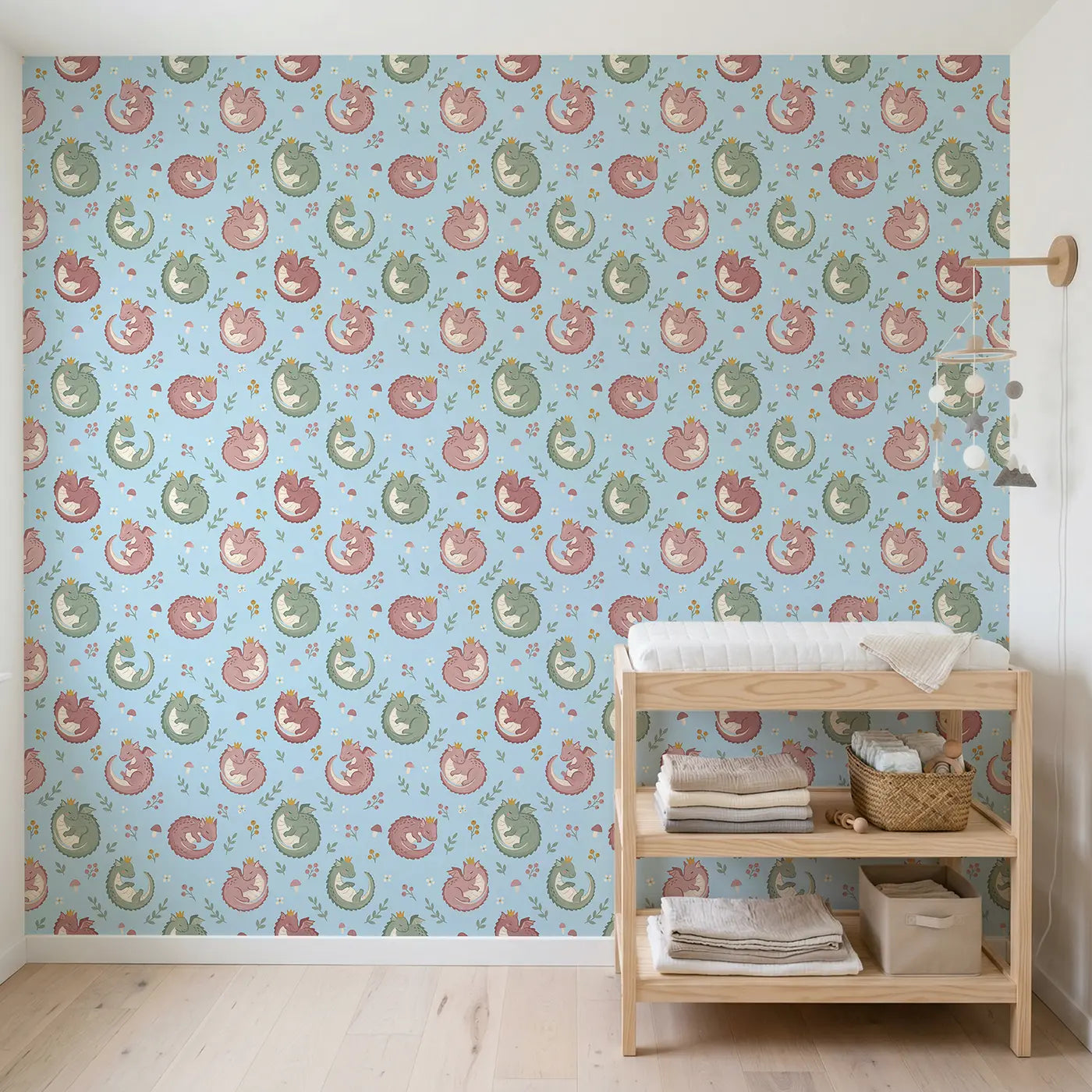 Friendly Baby Dragons Modern Illustration wallpaper in Scandinavian nursery - Whimsy Tots