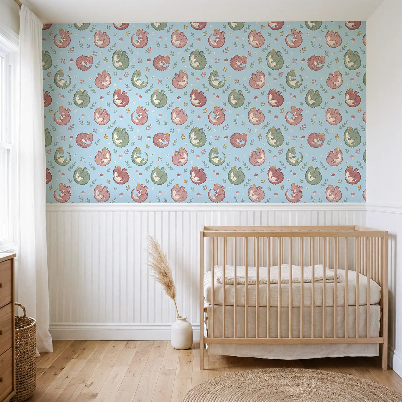 Friendly Baby Dragons Modern Illustration wallpaper above wainscoting - Whimsy Tots