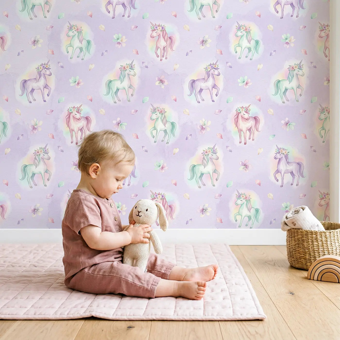 Unicorn Flower Watercolor wallpaper in styled kids room - Whimsy Tots